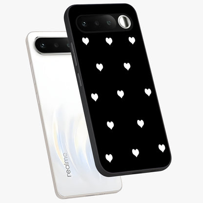 Cute And Simple White Hearts Glass Case displayed in angled mockup highlighting cute heart design with clean aesthetic style.