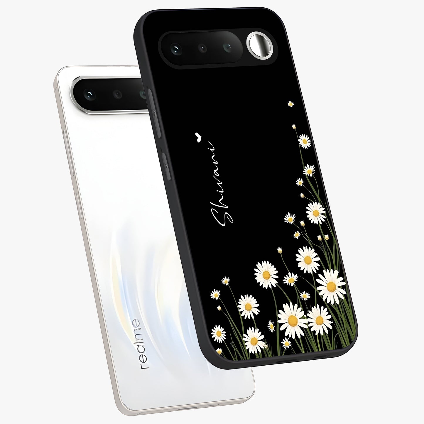 Daisy Cascade Custom Name Glass Case displayed in angled mockup highlighting delicate daisy artwork with custom name feature.