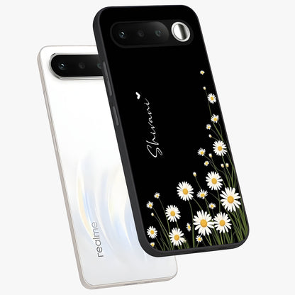 Daisy Cascade Custom Name Glass Case displayed in angled mockup highlighting delicate daisy artwork with custom name feature.