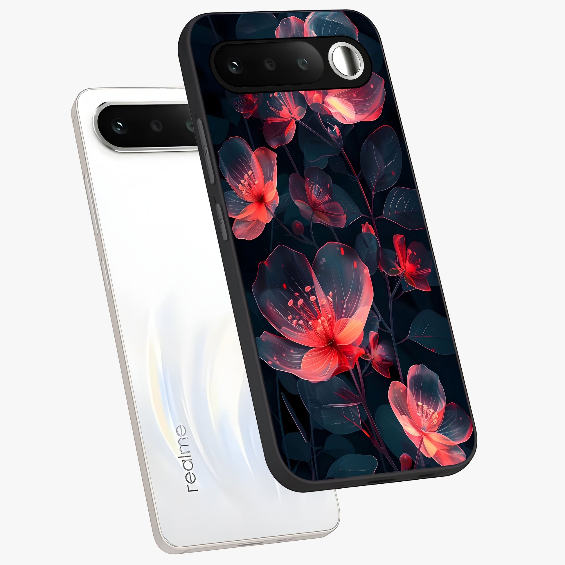 Dark Shade of Flower Glass Case displayed in angled mockup highlighting moody floral illustration with aesthetic dark tones.