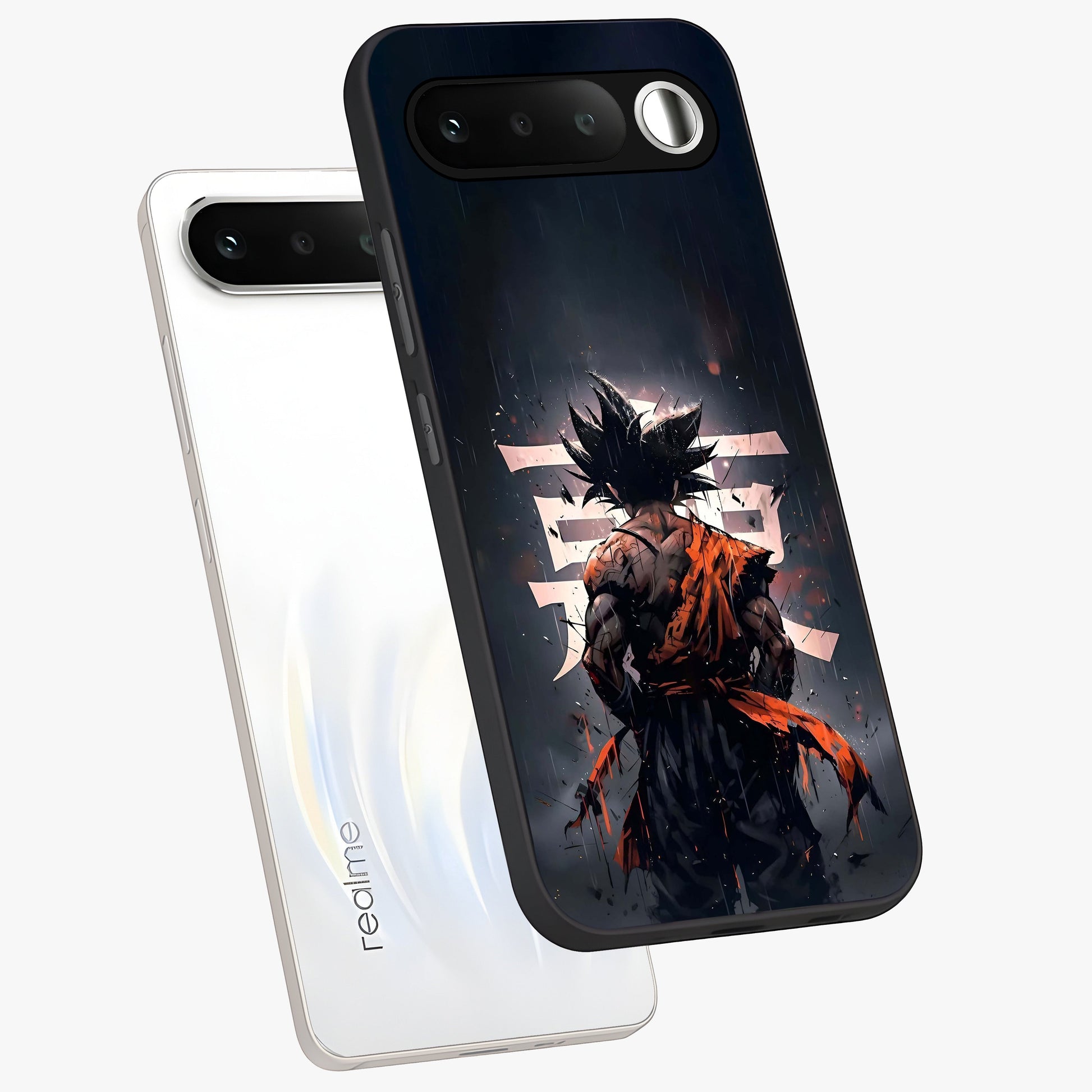 Dark Warrior In Rain Glass Case displayed in angled mockup highlighting dramatic warrior illustration with dark rain aesthetic.