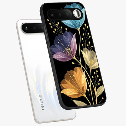 Delicate Multicolor Flowers Glass Case displayed in angled mockup highlighting colorful flower pattern with soft aesthetic style.