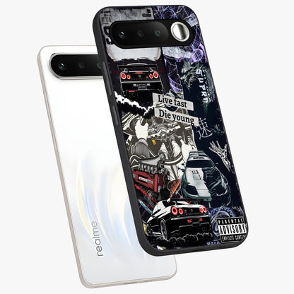 Die Young Glass Case displayed in angled mockup highlighting expressive graphic artwork with edgy aesthetic style.