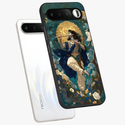 Divine Krishna Art Glass Case displayed in angled mockup highlighting spiritual Krishna illustration with devotional aesthetic.
