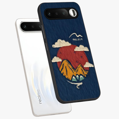 Dream Beyond Mountains Glass Case displayed in angled mockup highlighting dreamy mountain illustration with peaceful aesthetic.