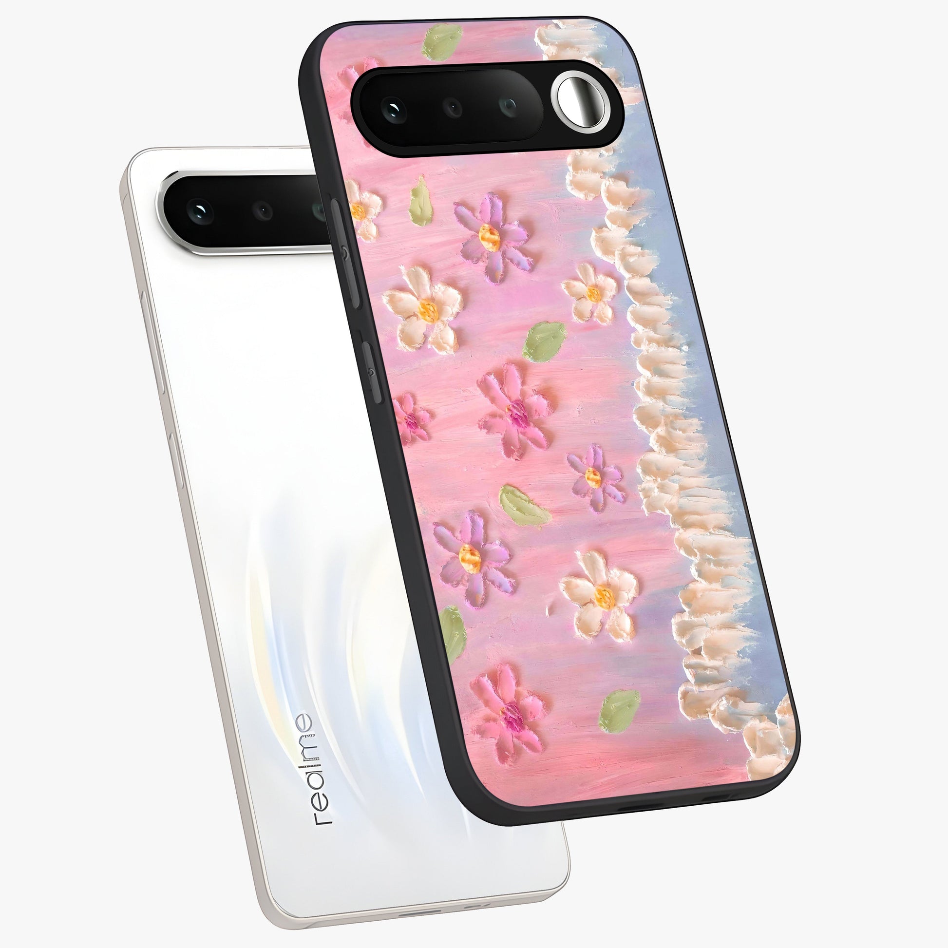 Dreamy Painted Garden Glass Case displayed in angled mockup highlighting colorful garden illustration with dreamy aesthetic style.
