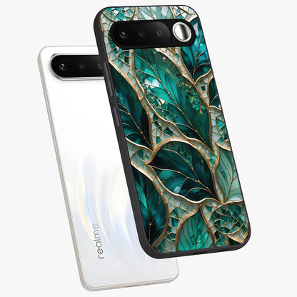 Emerald Leaf Glass Glass Case displayed in angled mockup highlighting botanical leaf illustration with elegant natural aesthetic.