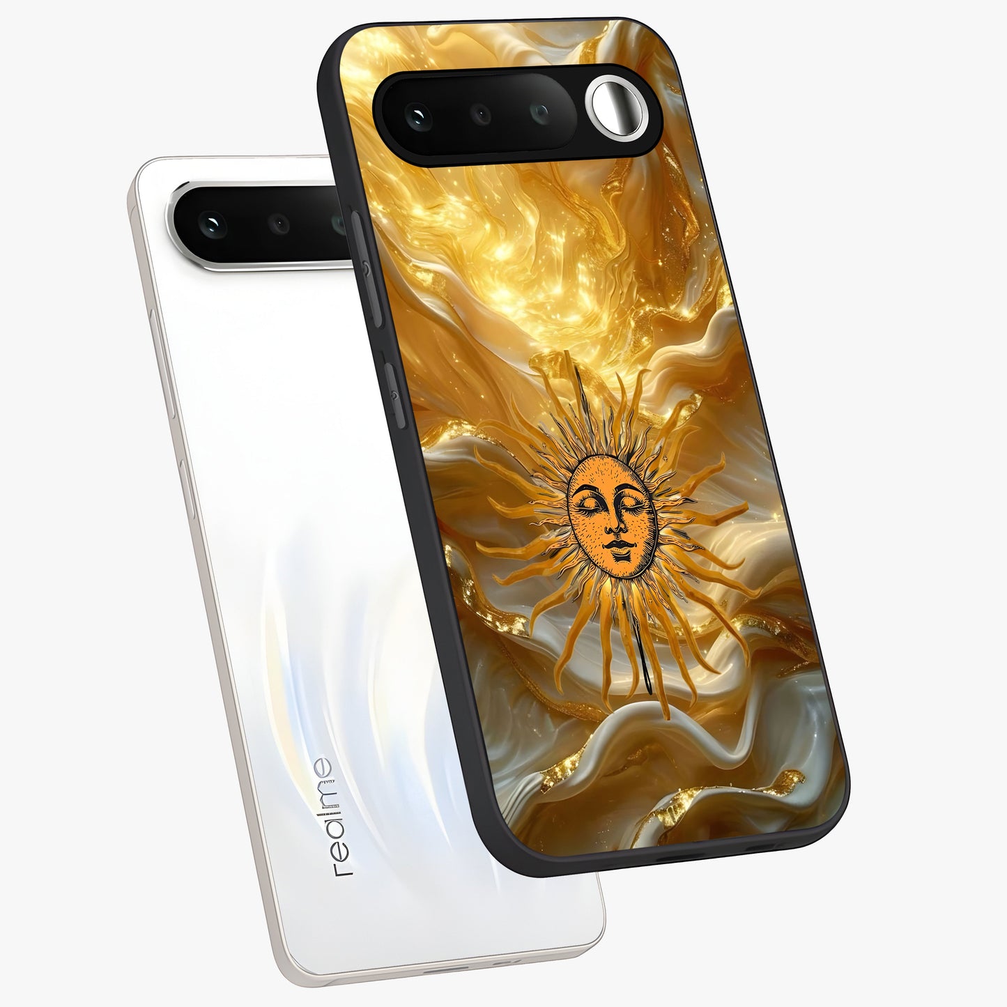 Eternal Golden Glow Glass Case displayed in angled mockup highlighting glowing golden aesthetic design with elegant style.