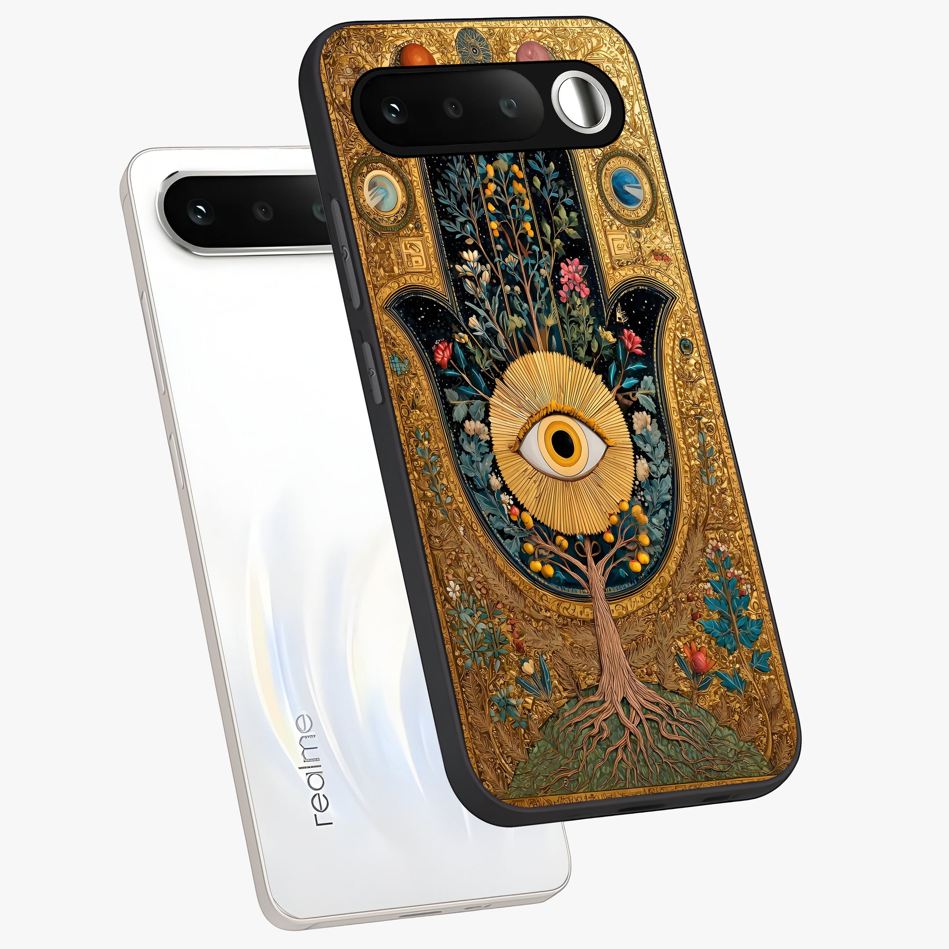 Ethereal Evil Eye Glass Case displayed in angled mockup highlighting protective evil eye symbol with spiritual aesthetic design.