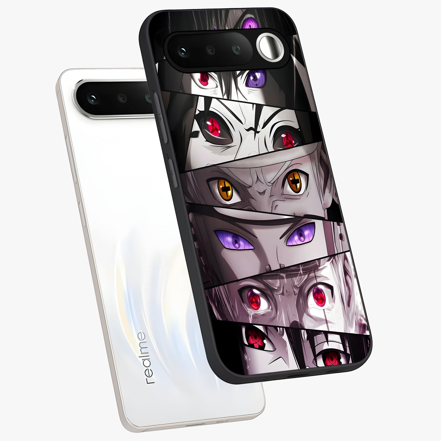 Eyes of Destiny Glass Case displayed in angled mockup highlighting bold eye illustration with mystical aesthetic style.