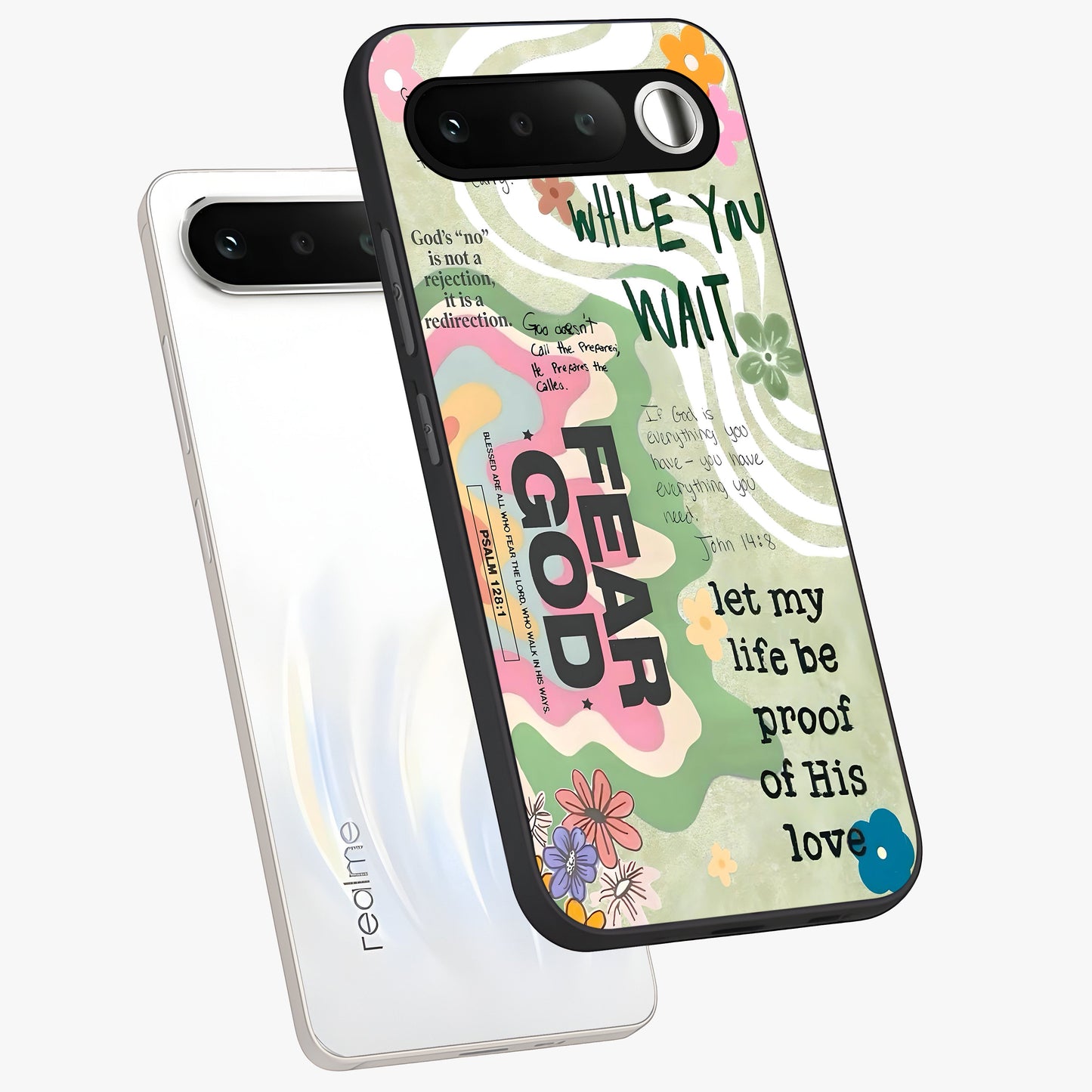 Faith Over Fear Glass Case displayed in angled mockup highlighting inspirational message design with modern aesthetic style.