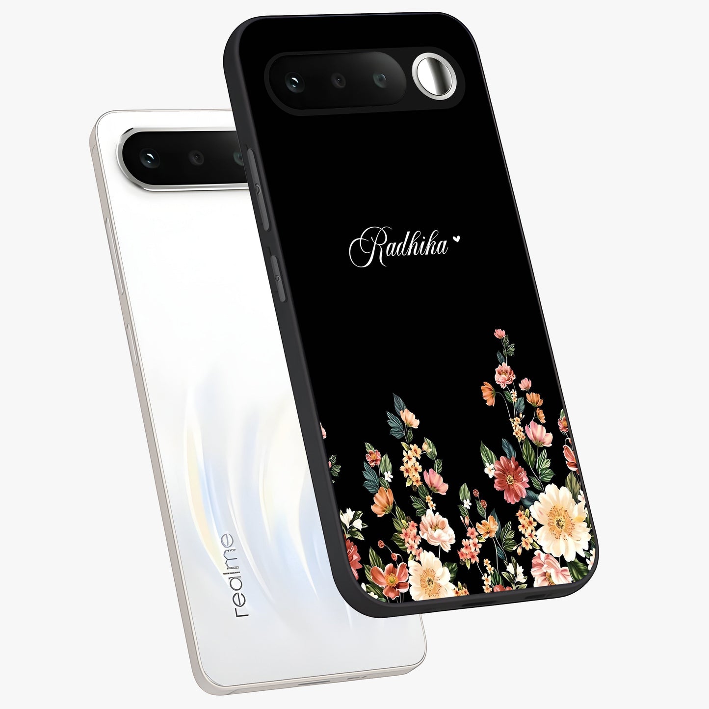 Floral Design With a Custom Personalized Name Glass Case displayed in angled mockup highlighting elegant floral pattern with custom name feature.
