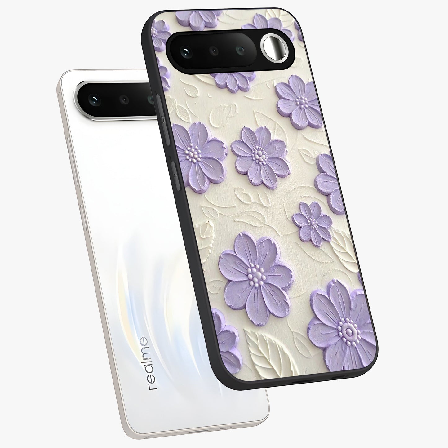Floral Wall Art With Purple Flowers Glass Case displayed in angled mockup highlighting vibrant purple floral illustration with artistic aesthetic.