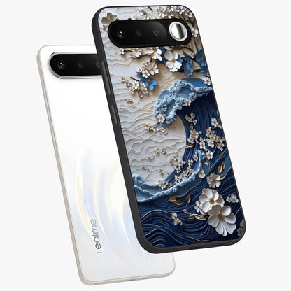 Floral Wave Origami Glass Case displayed in angled mockup highlighting geometric origami flower design with modern aesthetic style.