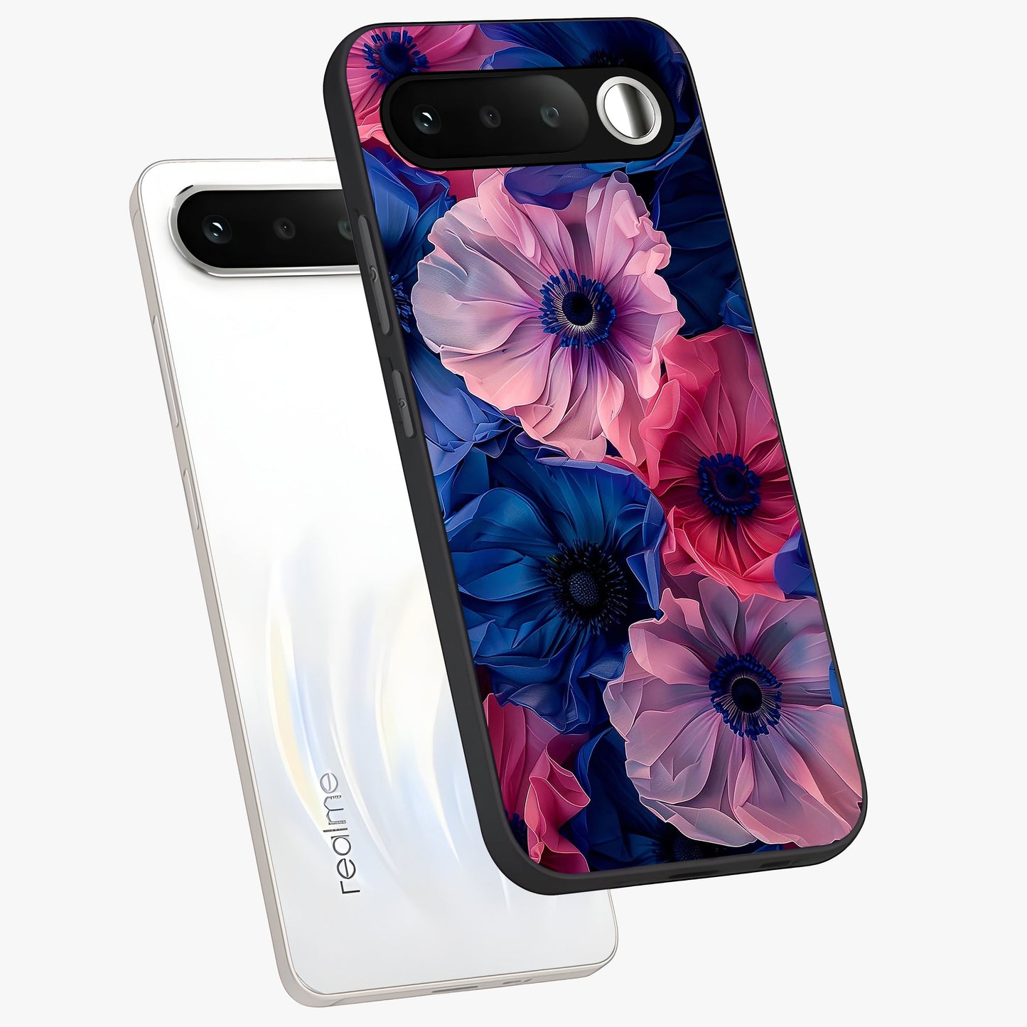 Flower Paper Art Pattern Glass Case displayed in angled mockup highlighting layered paper flower design with artistic aesthetic.