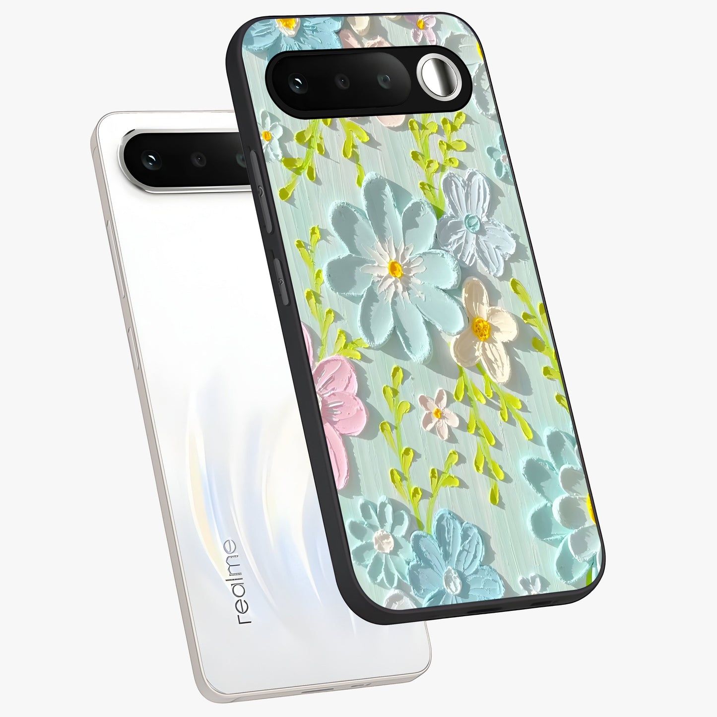 Frosted Petal Garden Glass Case displayed in angled mockup highlighting delicate flower petal design with calm garden aesthetic.