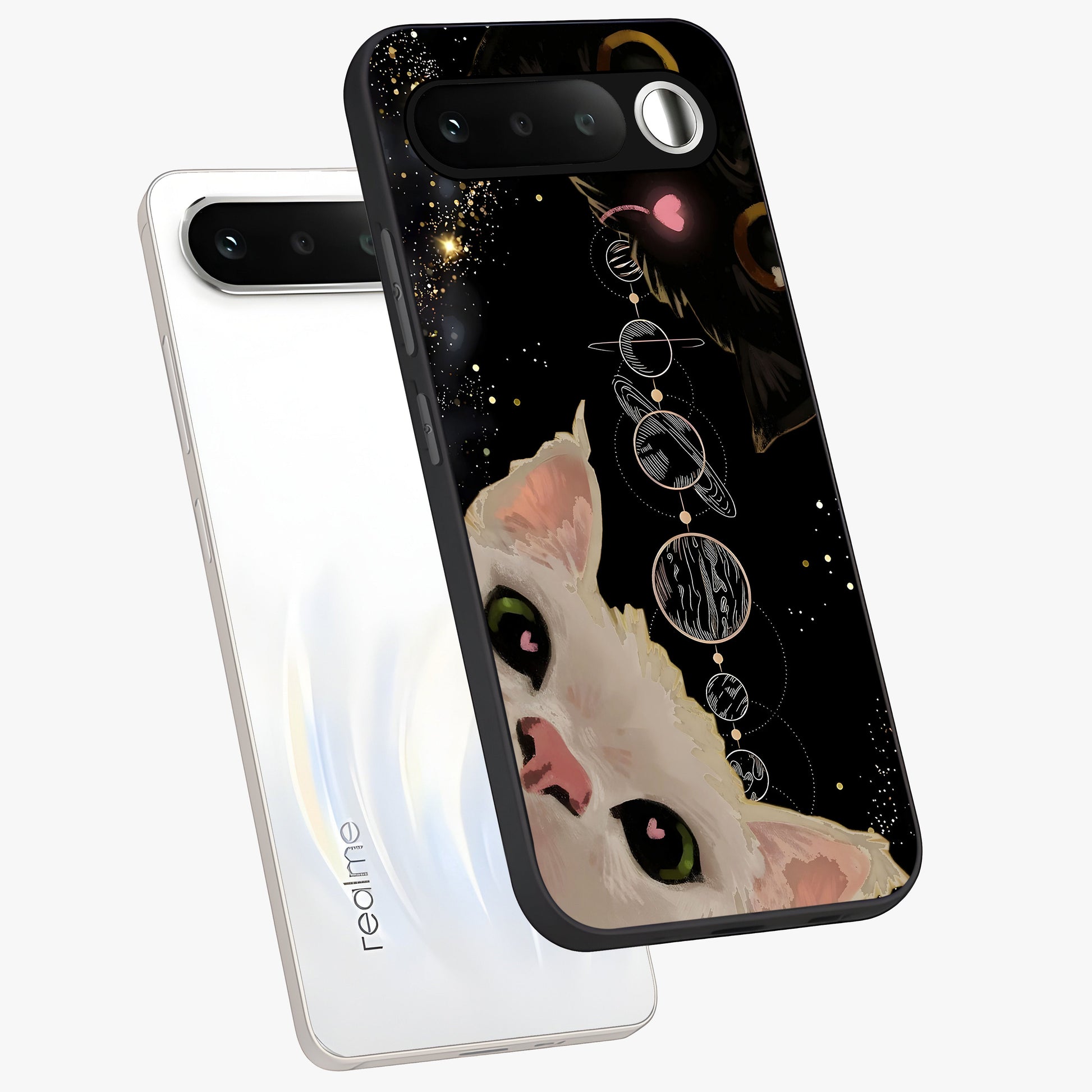 Galactic Cat Glass Case displayed in angled mockup highlighting celestial feline illustration with galaxy aesthetic style.