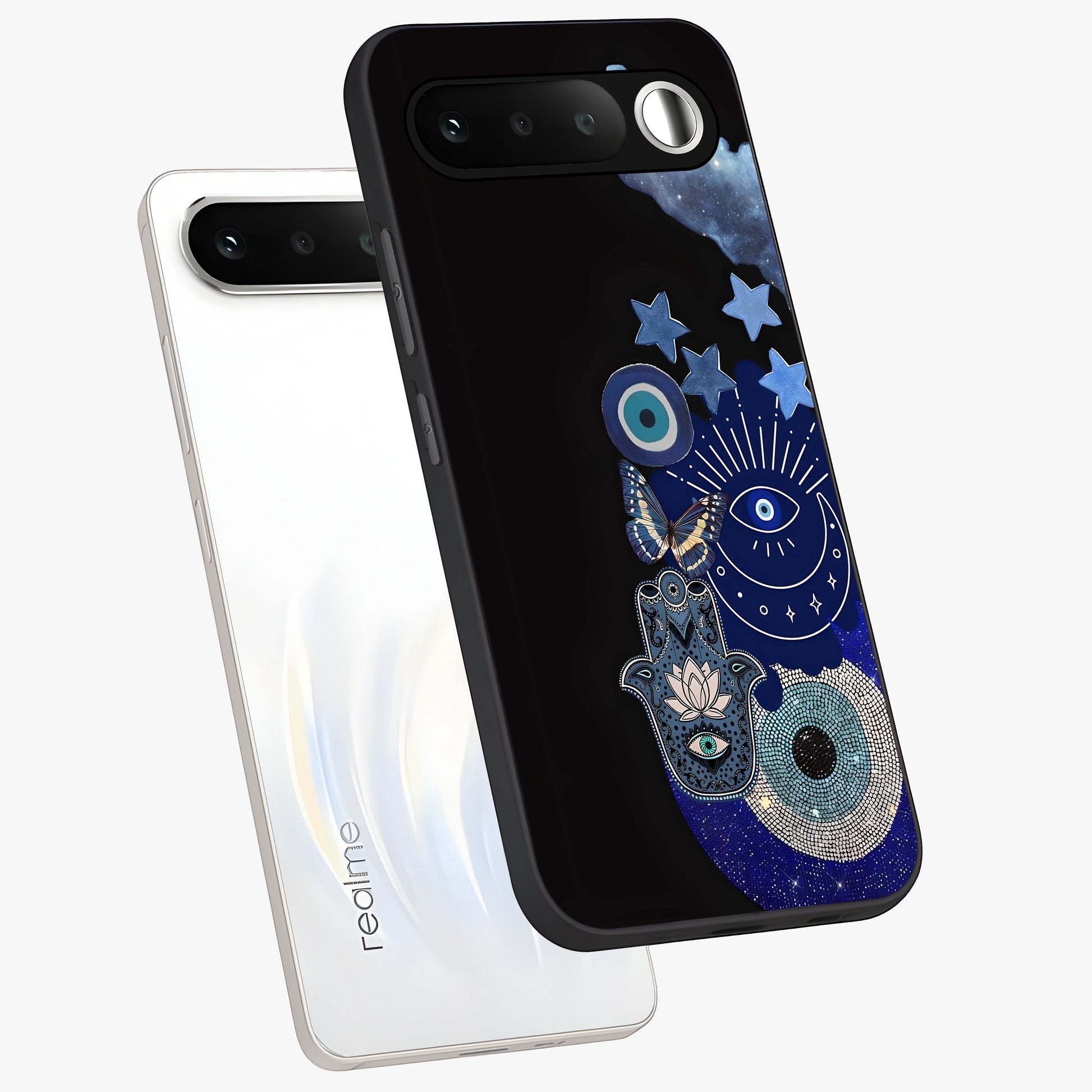 Galactic Charm Cluster Glass Case displayed in angled mockup highlighting luminous galaxy inspired design with dreamy aesthetic.