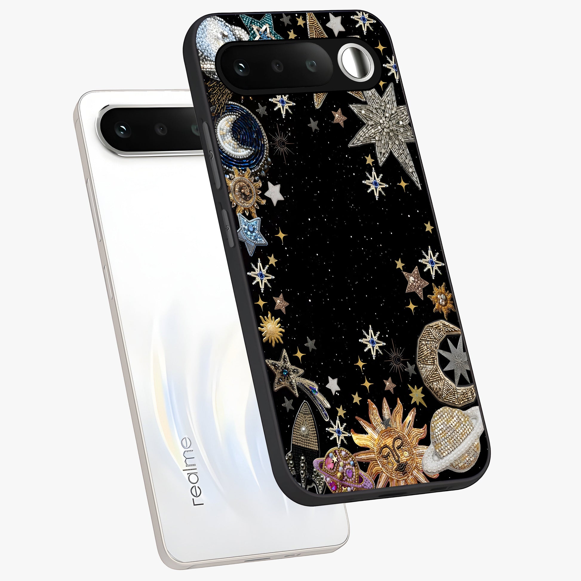 Galactic Jewel Stars Glass Case displayed in angled mockup highlighting shining celestial star design with cosmic aesthetic style.