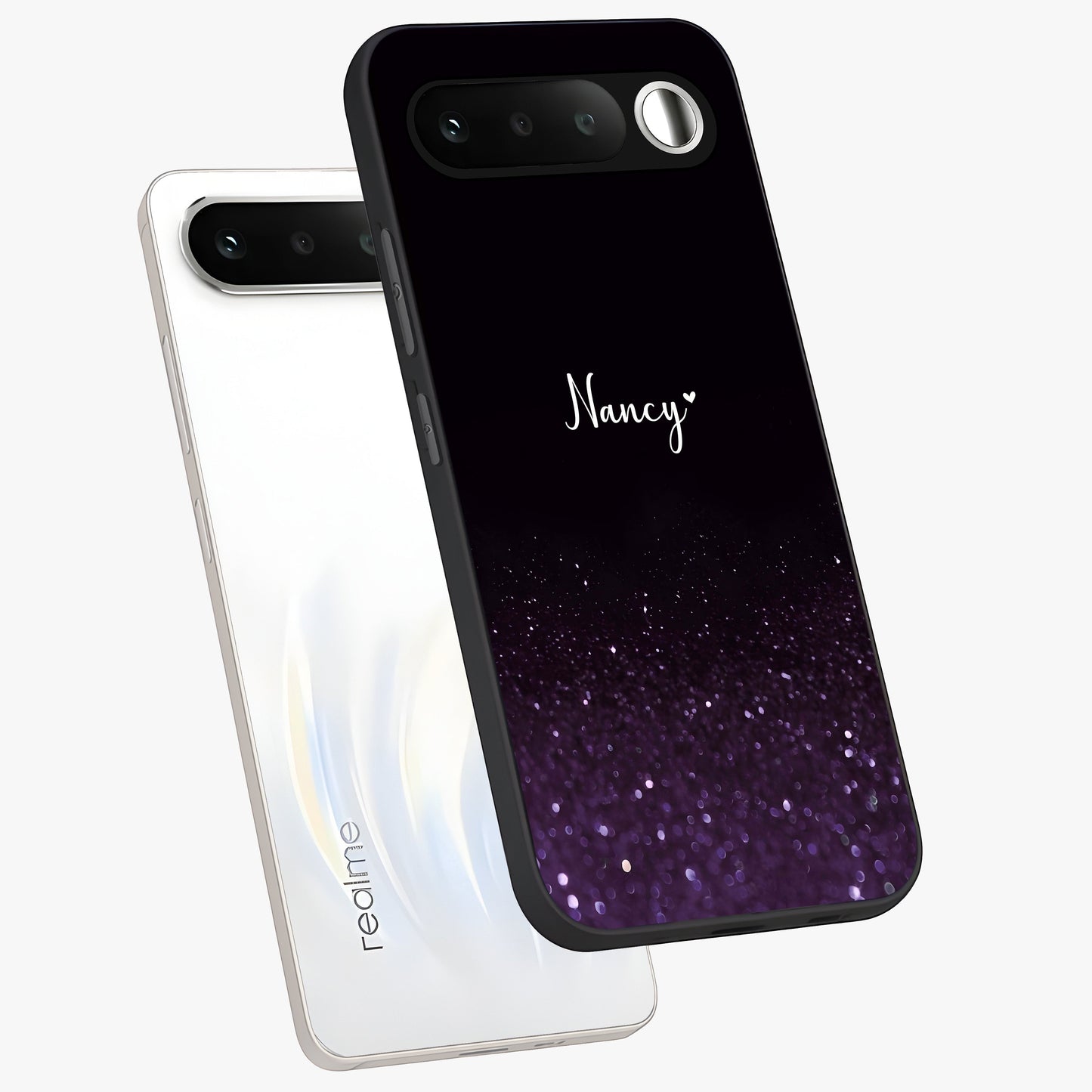 Glittery Purple Bokeh Custom Name Glass Case displayed in angled mockup highlighting glitter bokeh pattern with custom name feature.