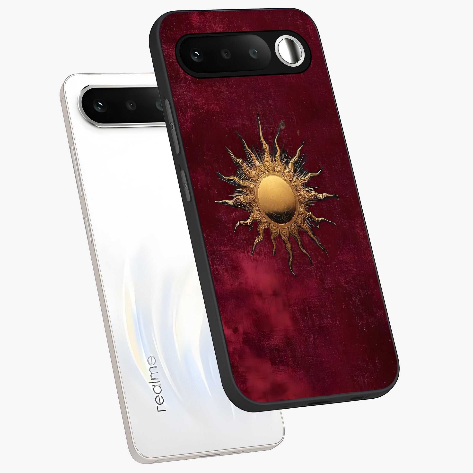 Golden Sun Minimalism Glass Case displayed in angled mockup highlighting clean sun symbol design with modern minimal aesthetic.