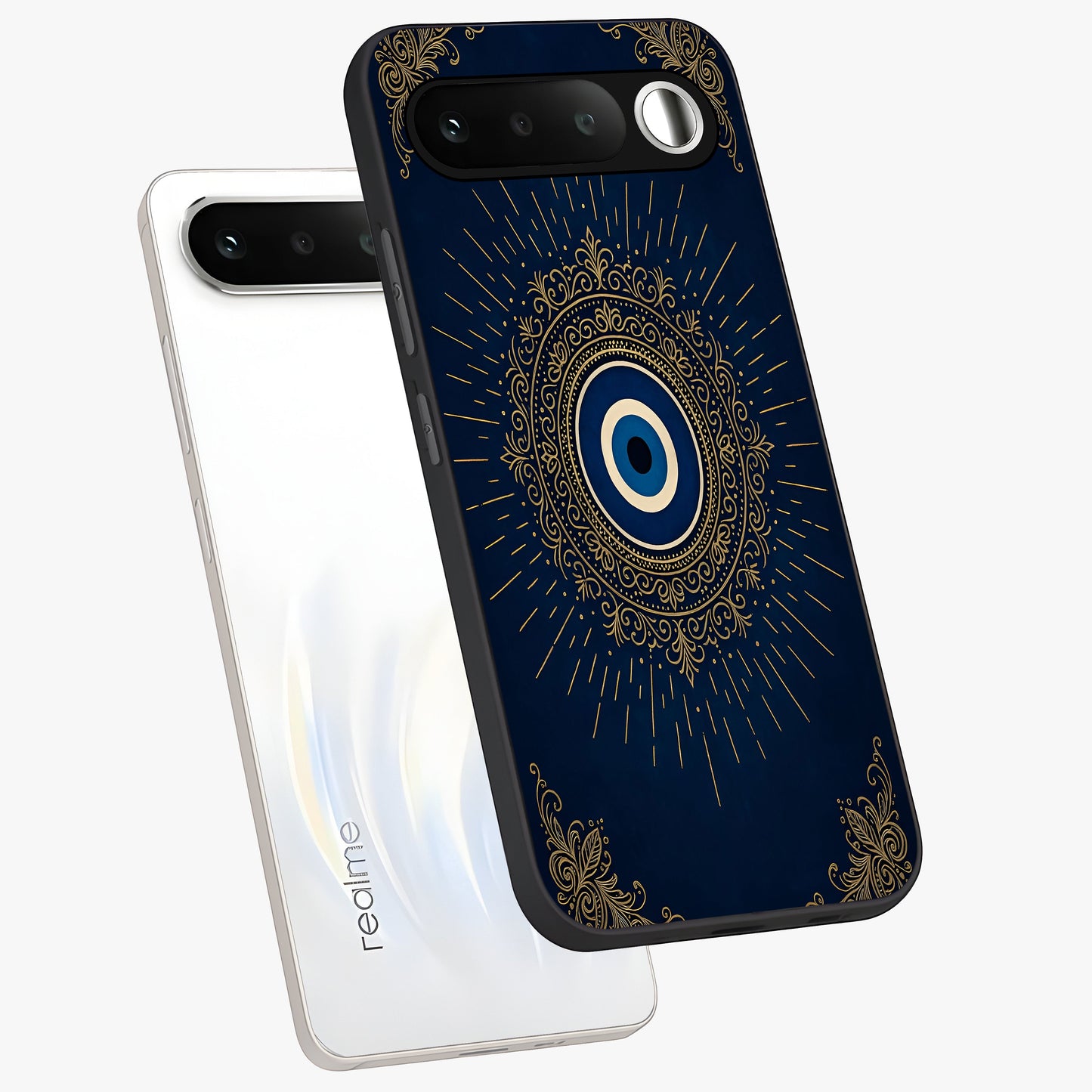Golden Celestial Charm Glass Case displayed in angled mockup highlighting sparkling cosmic charm design with celestial aesthetic.