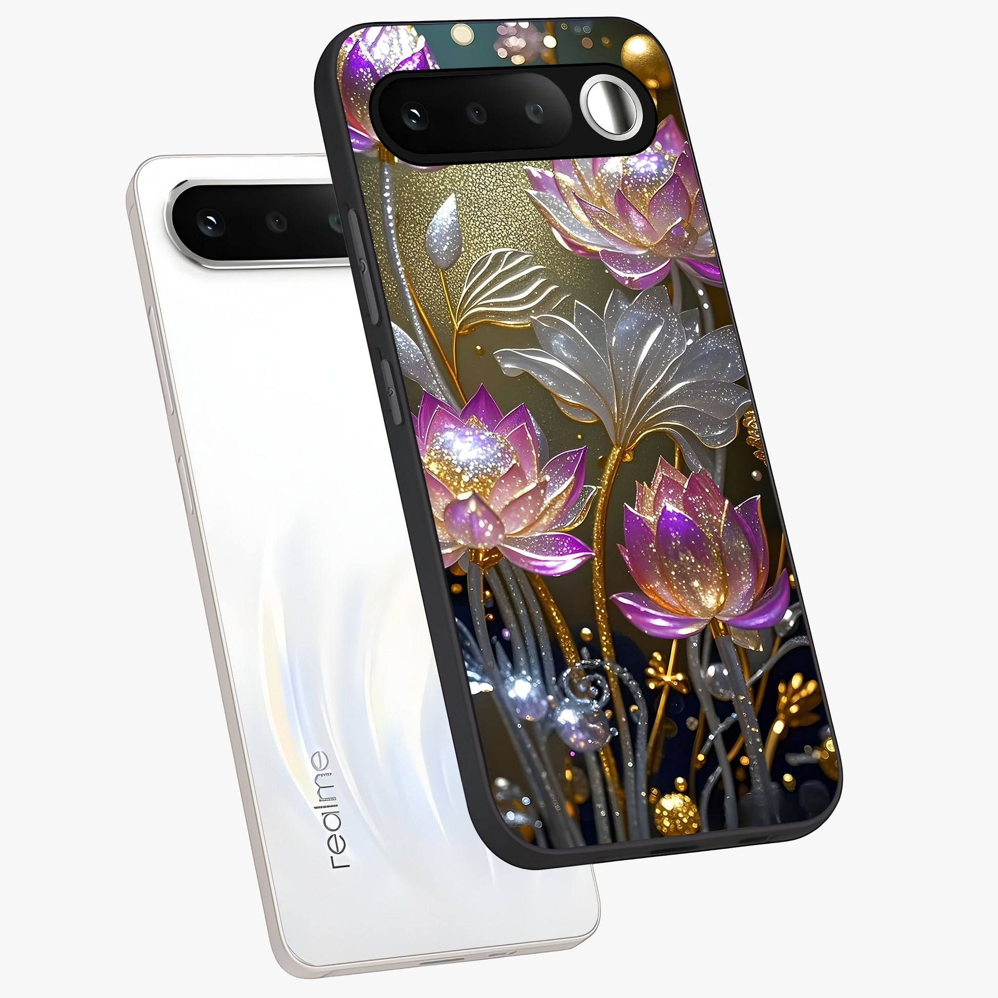 Golden Floral Majesty Glass Case displayed in angled mockup highlighting elegant flower design with royal golden aesthetic.