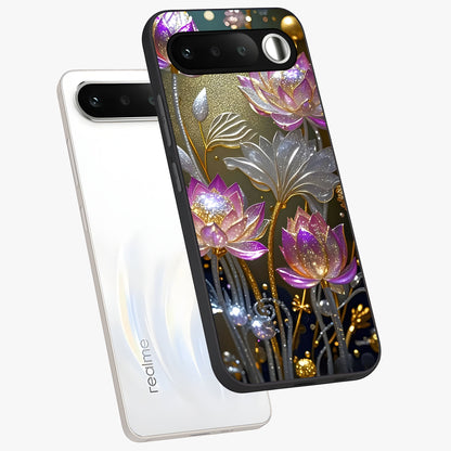 Golden Floral Majesty Glass Case displayed in angled mockup highlighting elegant flower design with royal golden aesthetic.