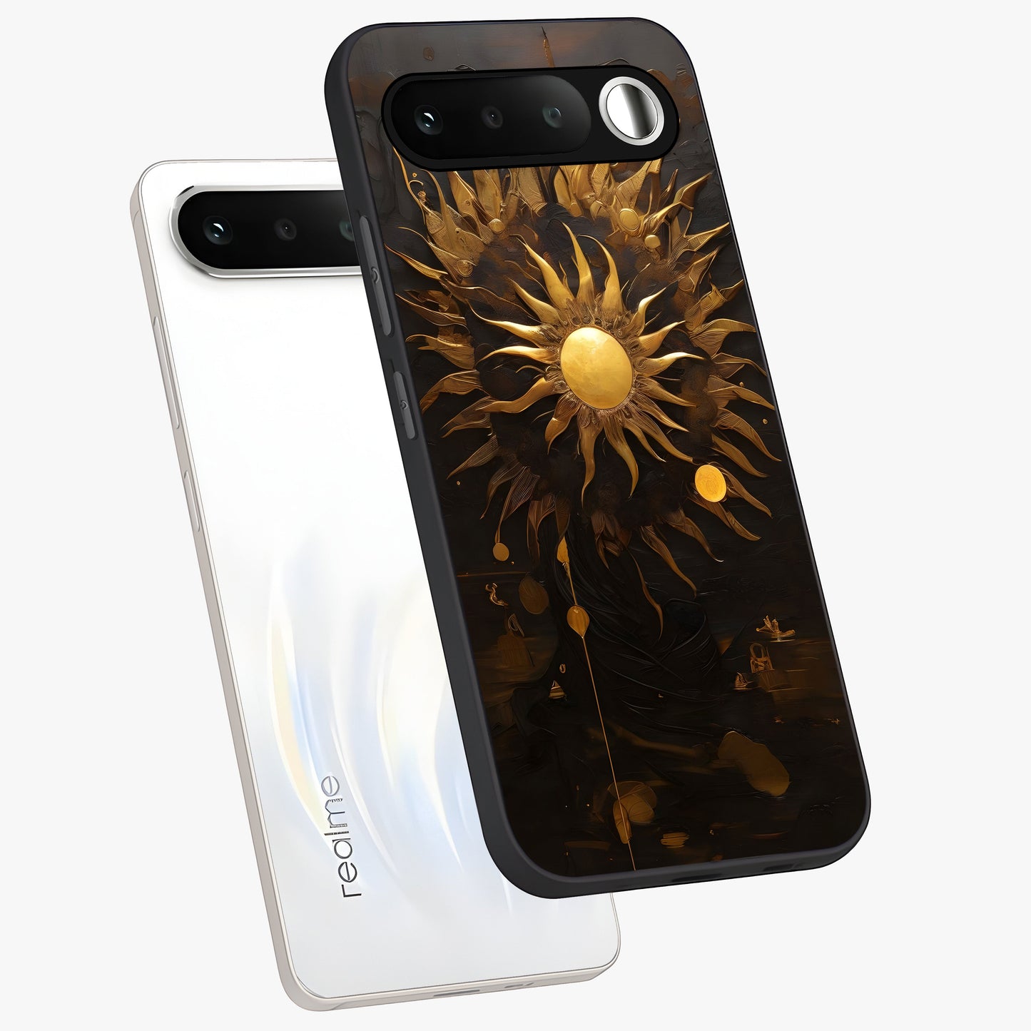 Golden Sun Majesty Glass Case displayed in angled mockup highlighting eerie shadow illustration with gothic aesthetic.