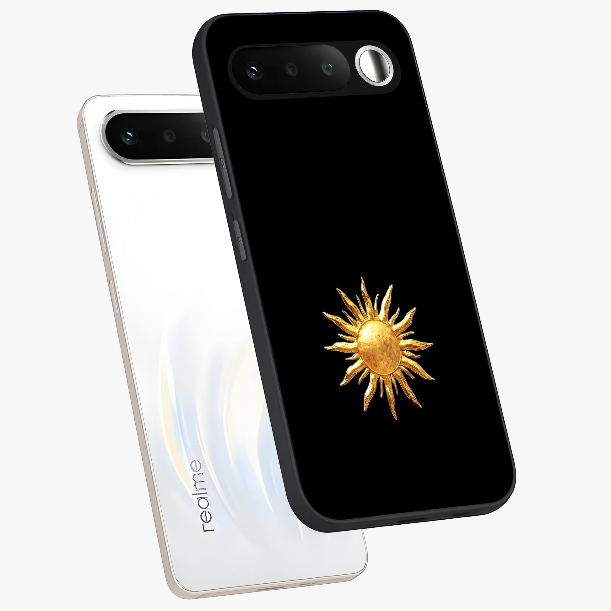 Golden Sun Minimalism Glass Case displayed in angled mockup highlighting eerie shadow illustration with gothic aesthetic.