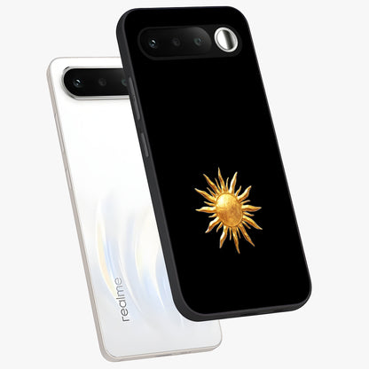 Golden Sun Minimalism Glass Case displayed in angled mockup highlighting eerie shadow illustration with gothic aesthetic.