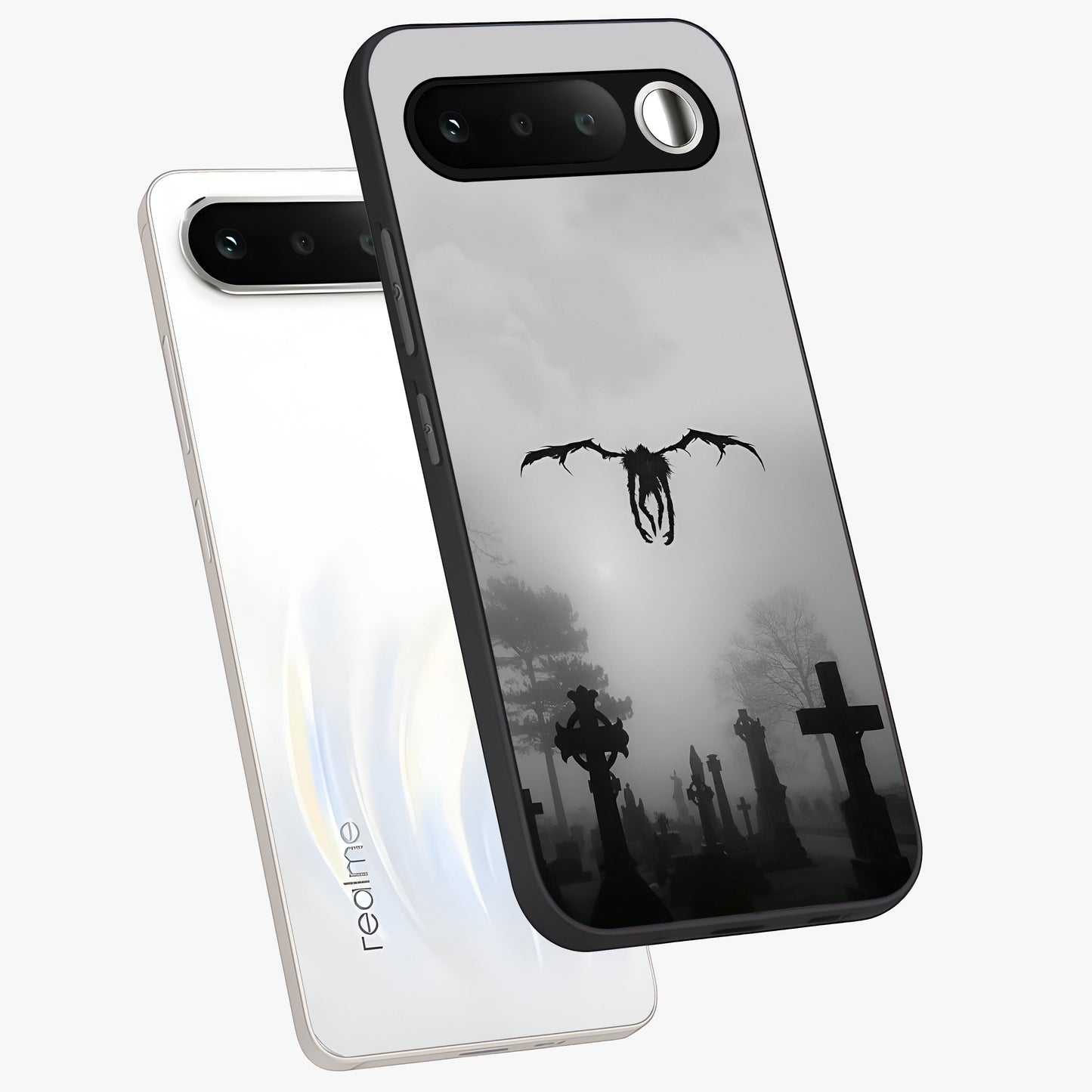 Graveyard Shadow Descent Glass Case displayed in angled mockup highlighting eerie shadow illustration with gothic aesthetic.