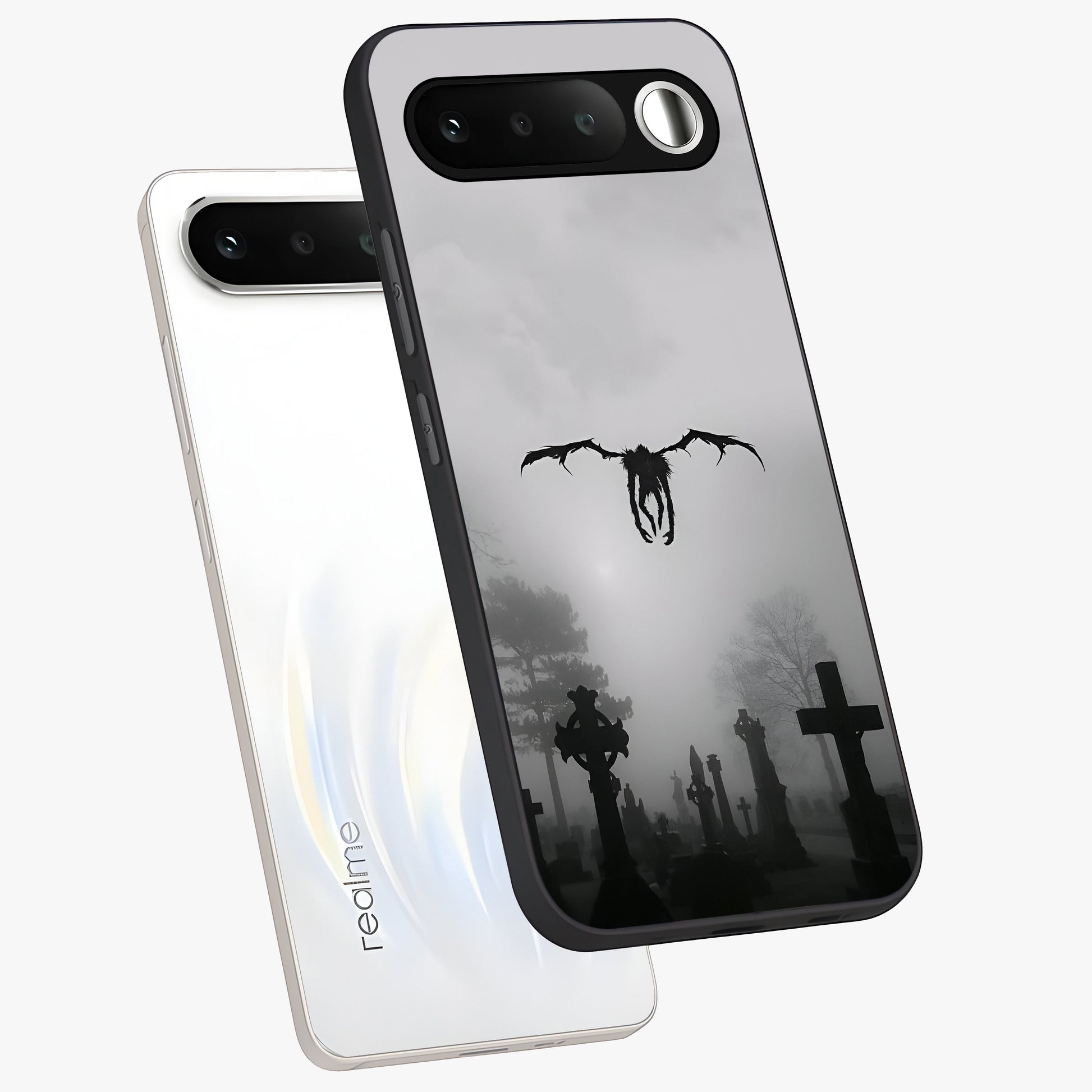 Graveyard Shadow Descent Glass Case displayed in angled mockup highlighting eerie shadow illustration with gothic aesthetic.