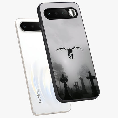 Graveyard Shadow Descent Glass Case displayed in angled mockup highlighting eerie shadow illustration with gothic aesthetic.