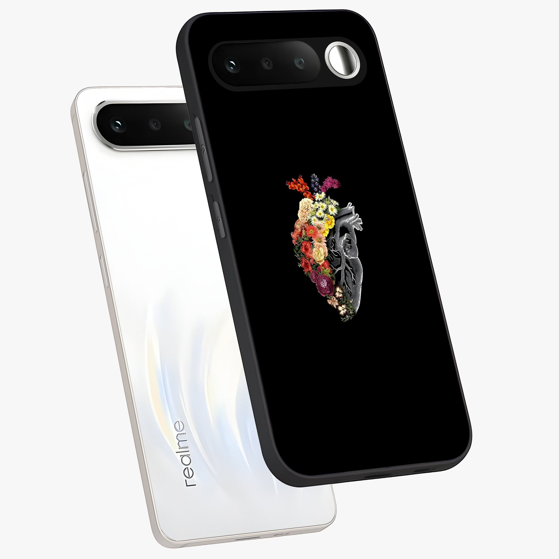 Heart With Flowers Glass Case displayed in angled mockup highlighting romantic flower design with soft aesthetic style.