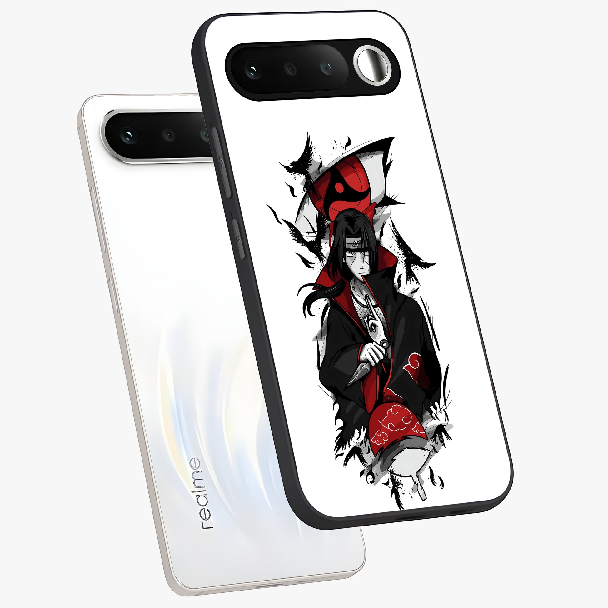 Itachi Limited Edition Naruto Anime Glass Case displayed in angled mockup highlighting dramatic anime illustration with bold action aesthetic.