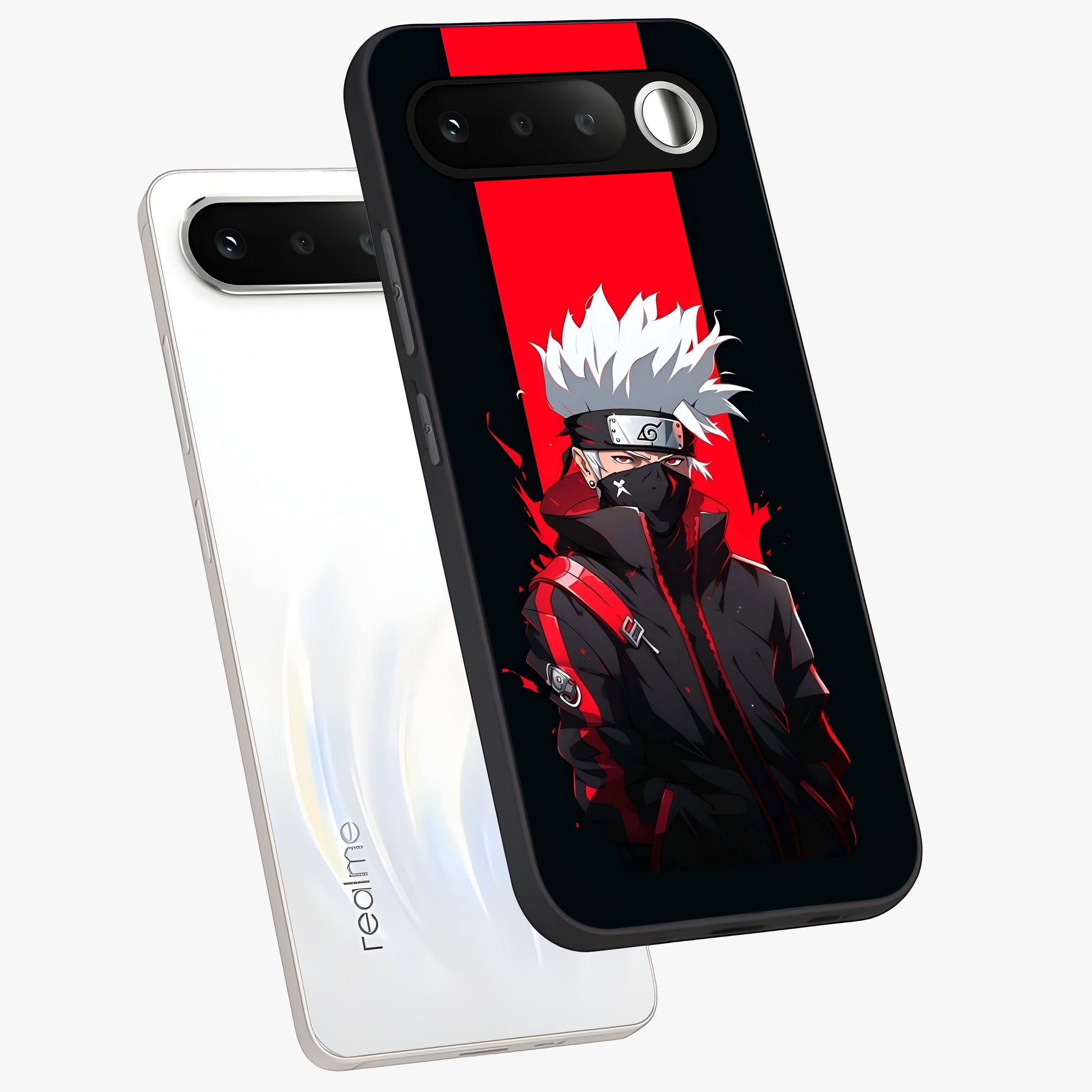 Kakashi Scarlet Shadow Glass Case displayed in angled mockup highlighting dramatic ninja illustration with scarlet themed aesthetic.