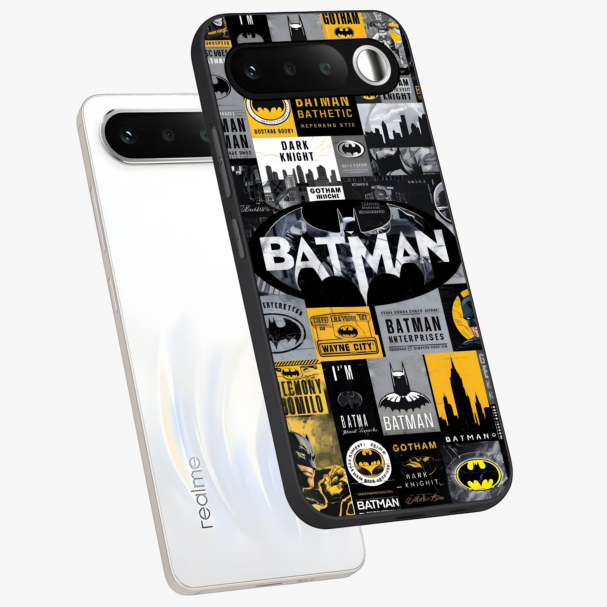 Knight Gotham Rise Glass Case displayed in angled mockup highlighting powerful knight silhouette design with dramatic aesthetic.
