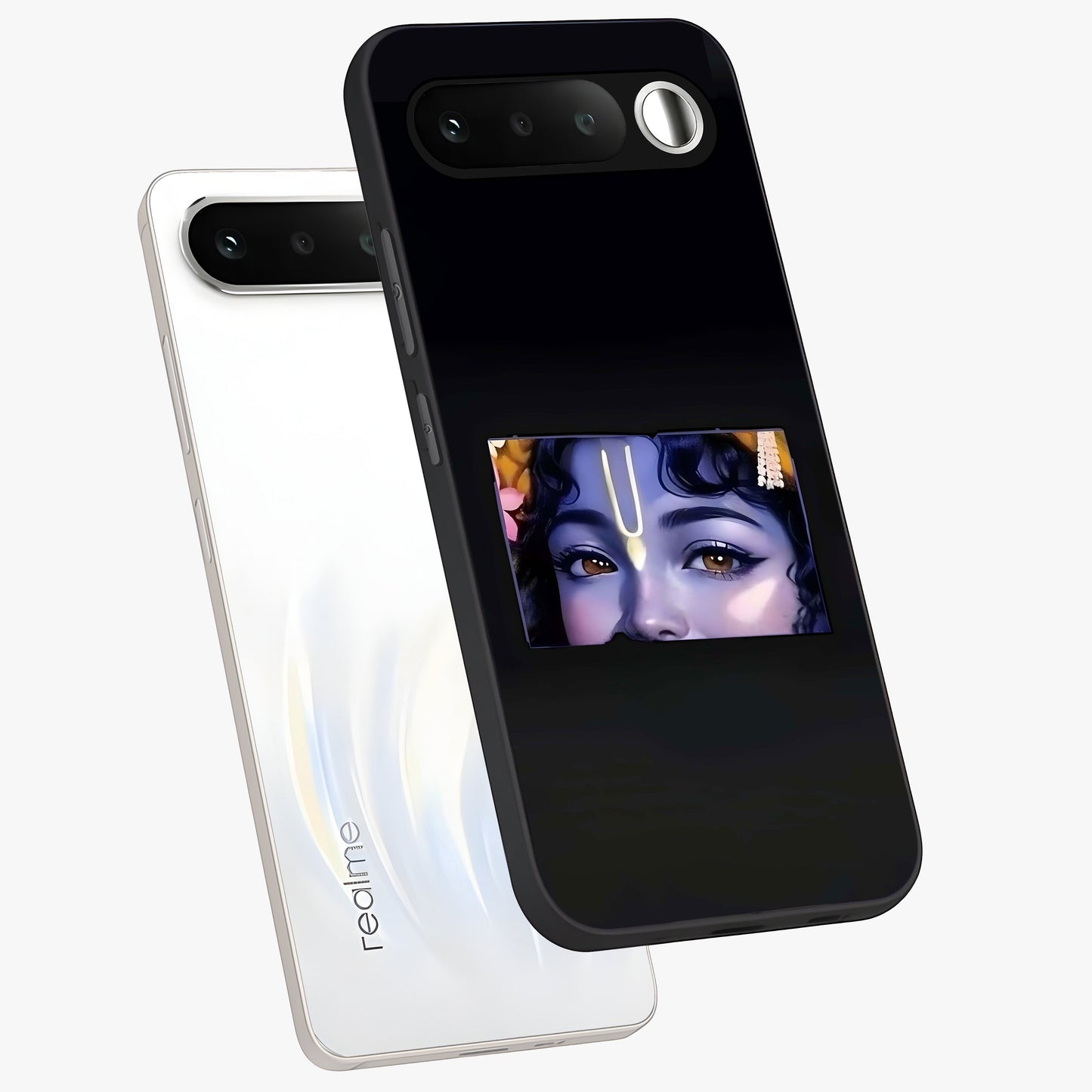 Krishna Divine Embrace Glass Case displayed in angled mockup highlighting divine Krishna illustration with spiritual aesthetic.