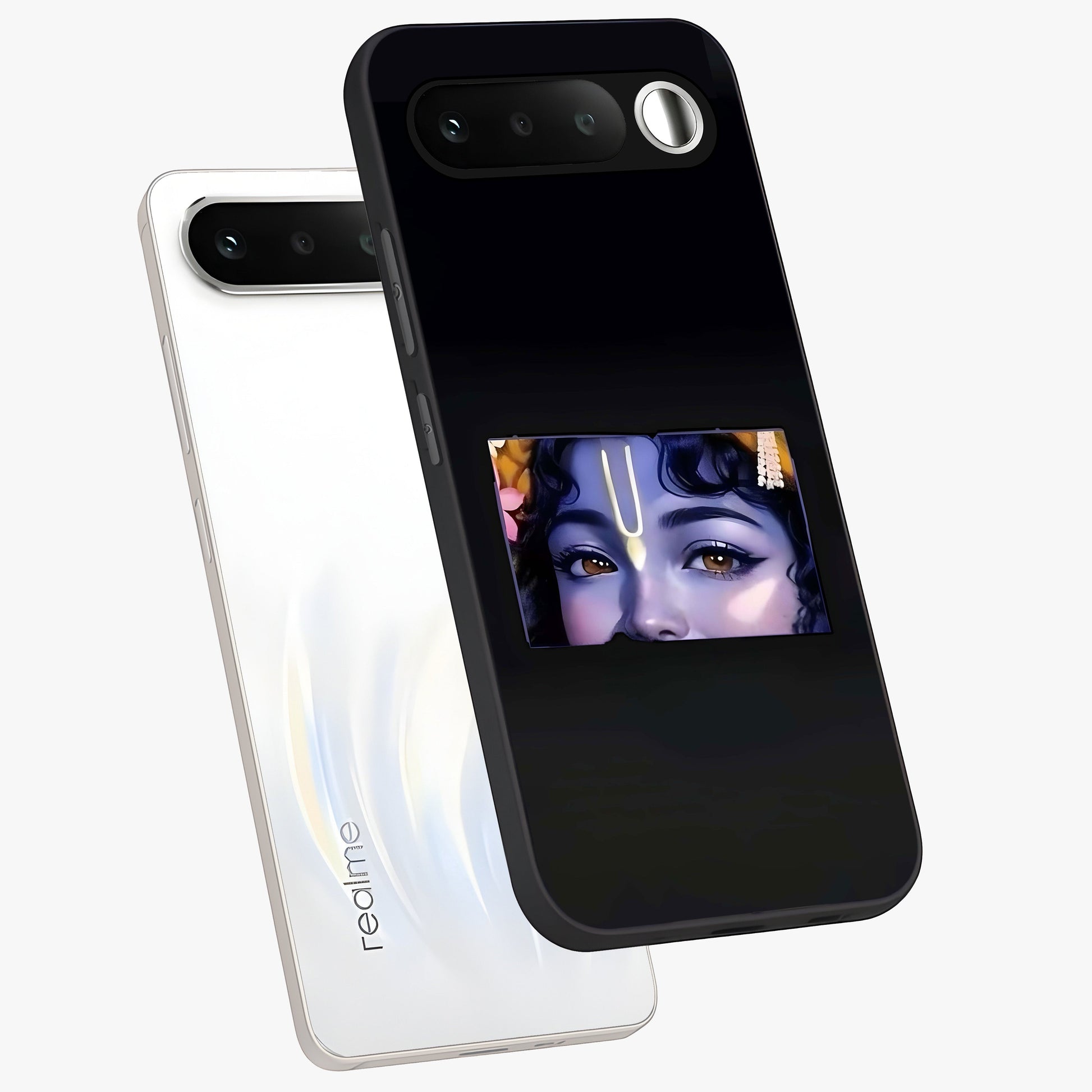 Krishna Divine Embrace Glass Case displayed in angled mockup highlighting divine Krishna illustration with spiritual aesthetic.