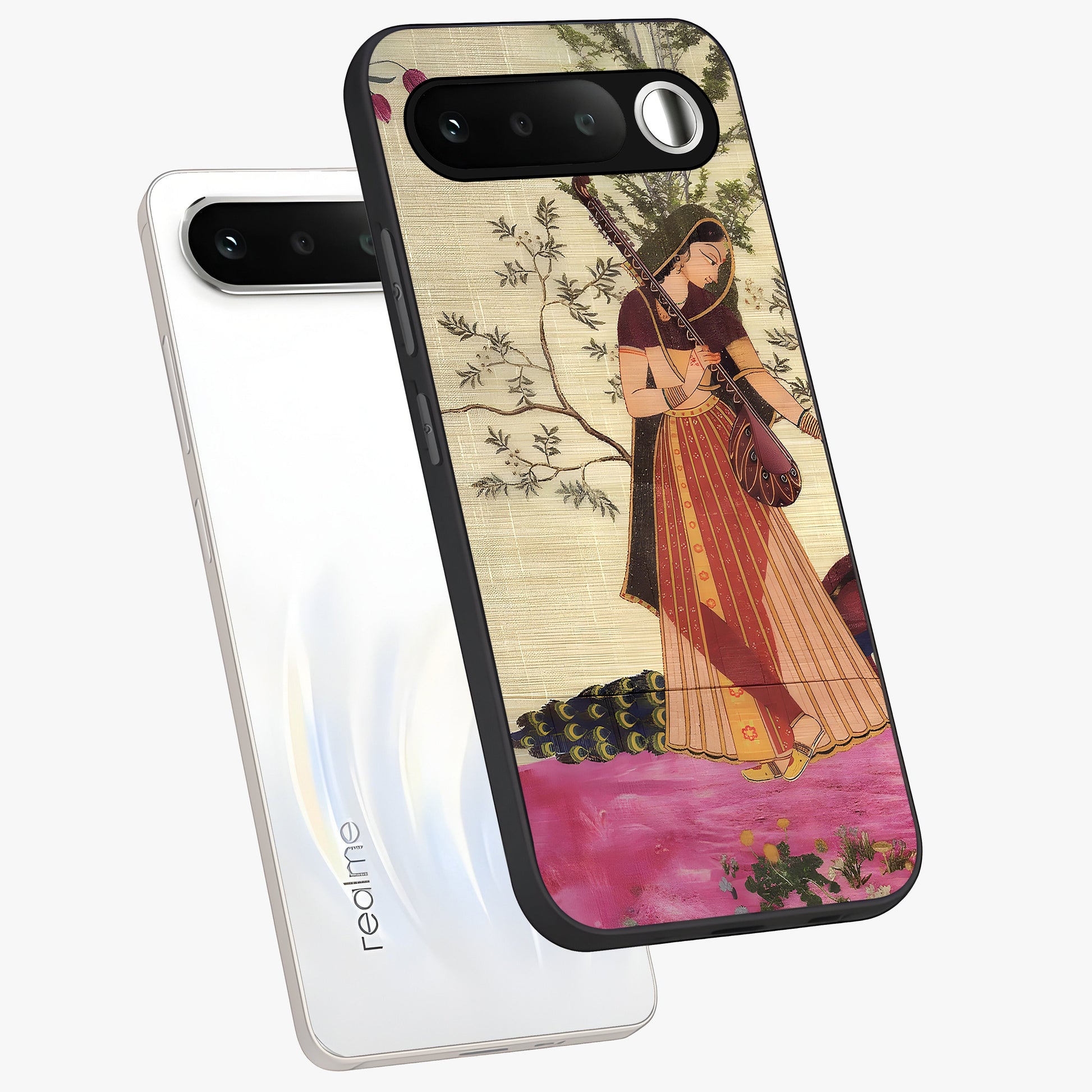 Lady With Veena Art Glass Case displayed in angled mockup highlighting graceful musical illustration with cultural artistic aesthetic.