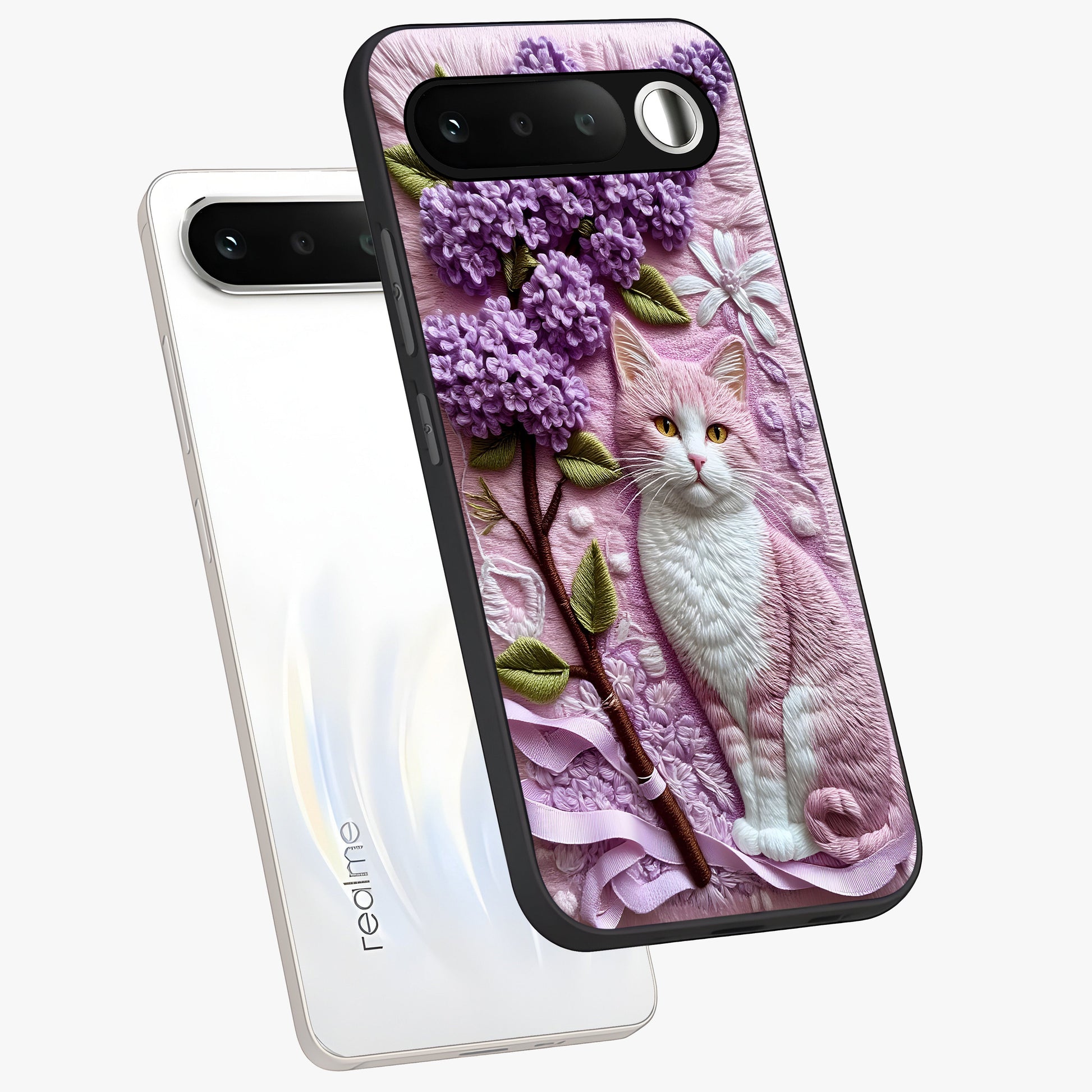 Lavender Cat Whimsy Glass Case displayed in angled mockup highlighting playful feline illustration with pastel lavender aesthetic.