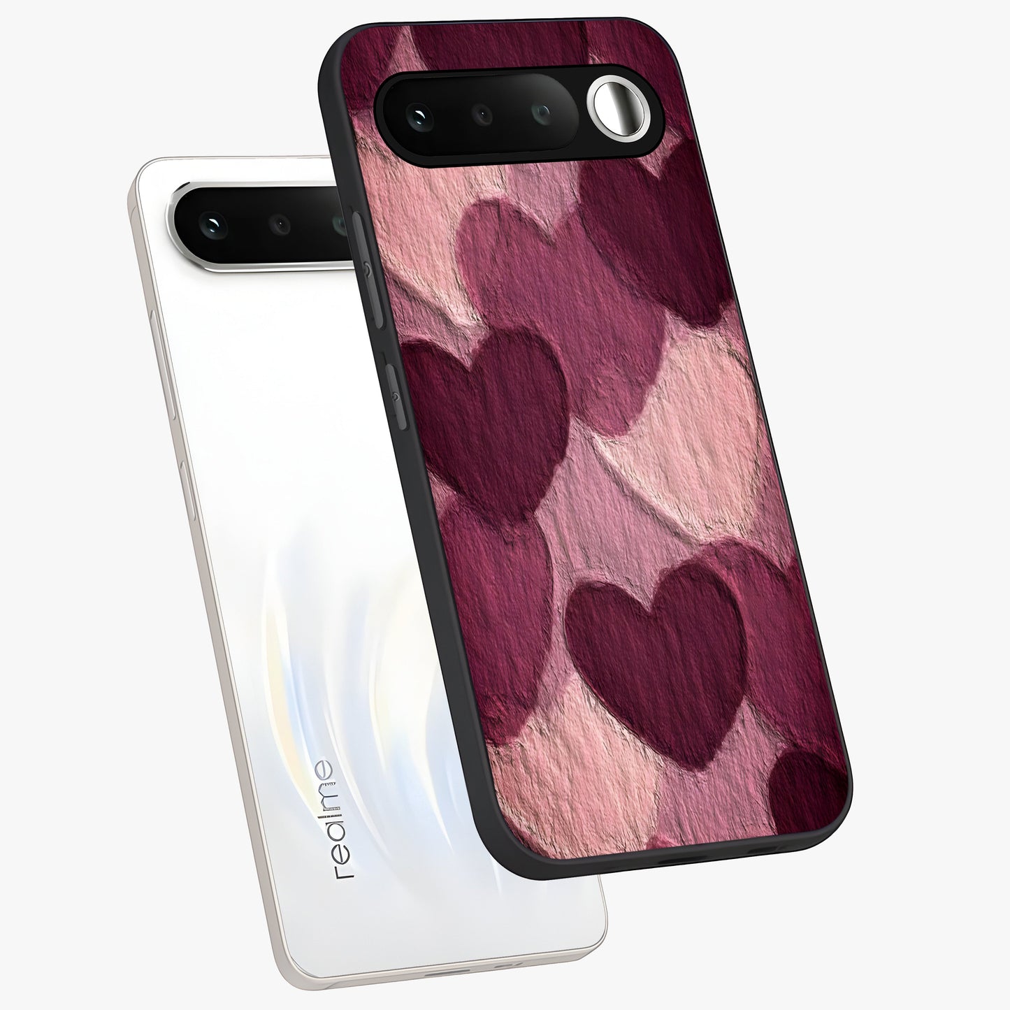 Layered Paper Hearts Glass Case displayed in angled mockup highlighting creative paper craft heart design with romantic aesthetic.