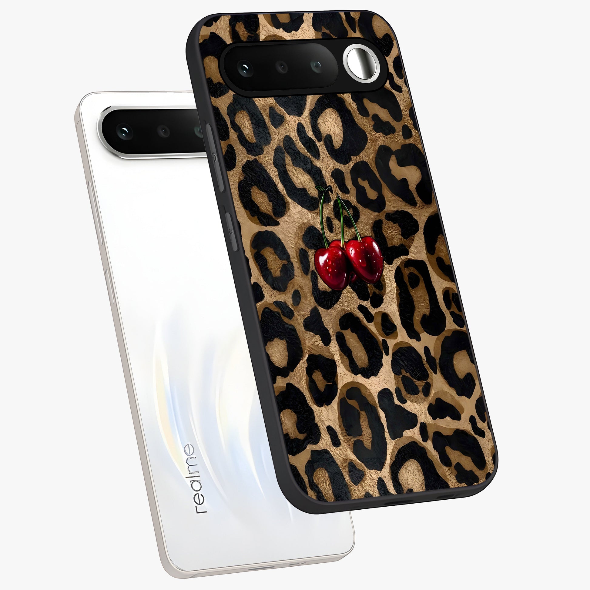 Leopard Wild Cherry Glass Case displayed in angled mockup highlighting bold animal print design with playful cherry aesthetic.