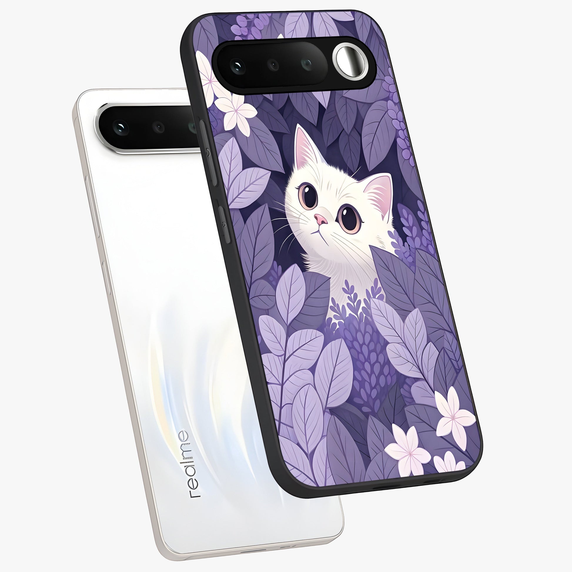 Lilac Hide Peek Cat Glass Case displayed in angled mockup highlighting playful feline illustration with lilac aesthetic design.