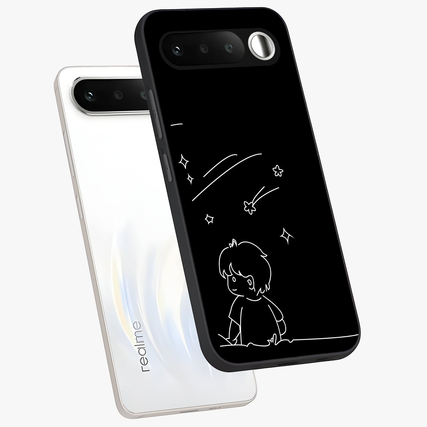 Line Art Boy With Shooting Stars Glass Case displayed in angled mockup highlighting elegant line art design with dreamy star aesthetic.