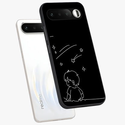Line Art Boy With Shooting Stars Glass Case displayed in angled mockup highlighting elegant line art design with dreamy star aesthetic.