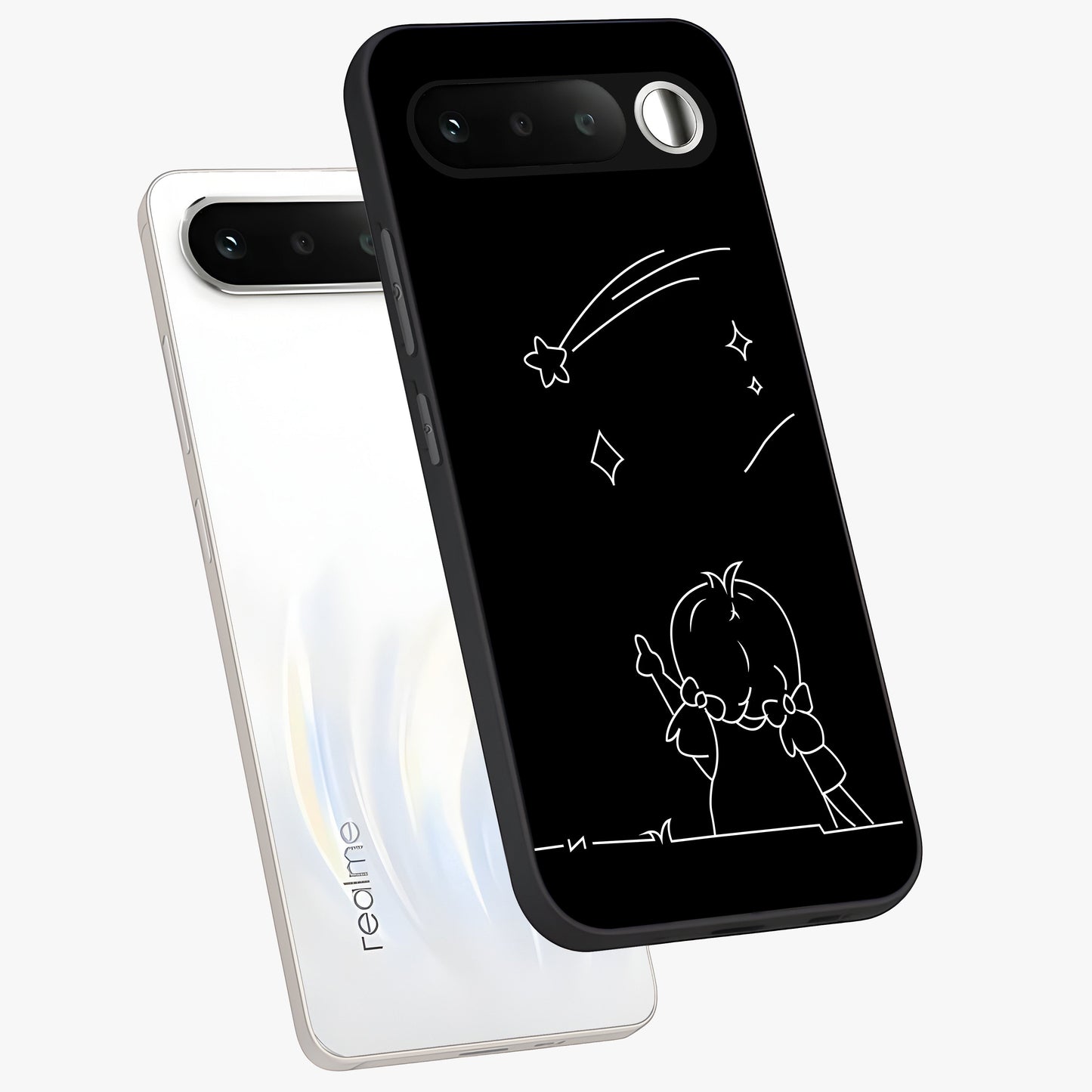 Line Art Girl With Shooting Stars Glass Case displayed in angled mockup highlighting elegant line art design with dreamy star aesthetic.