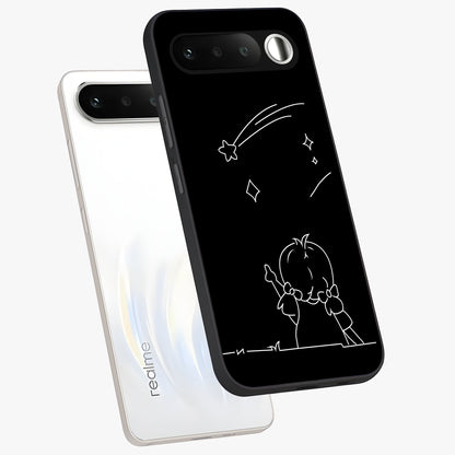 Line Art Girl With Shooting Stars Glass Case displayed in angled mockup highlighting elegant line art design with dreamy star aesthetic.