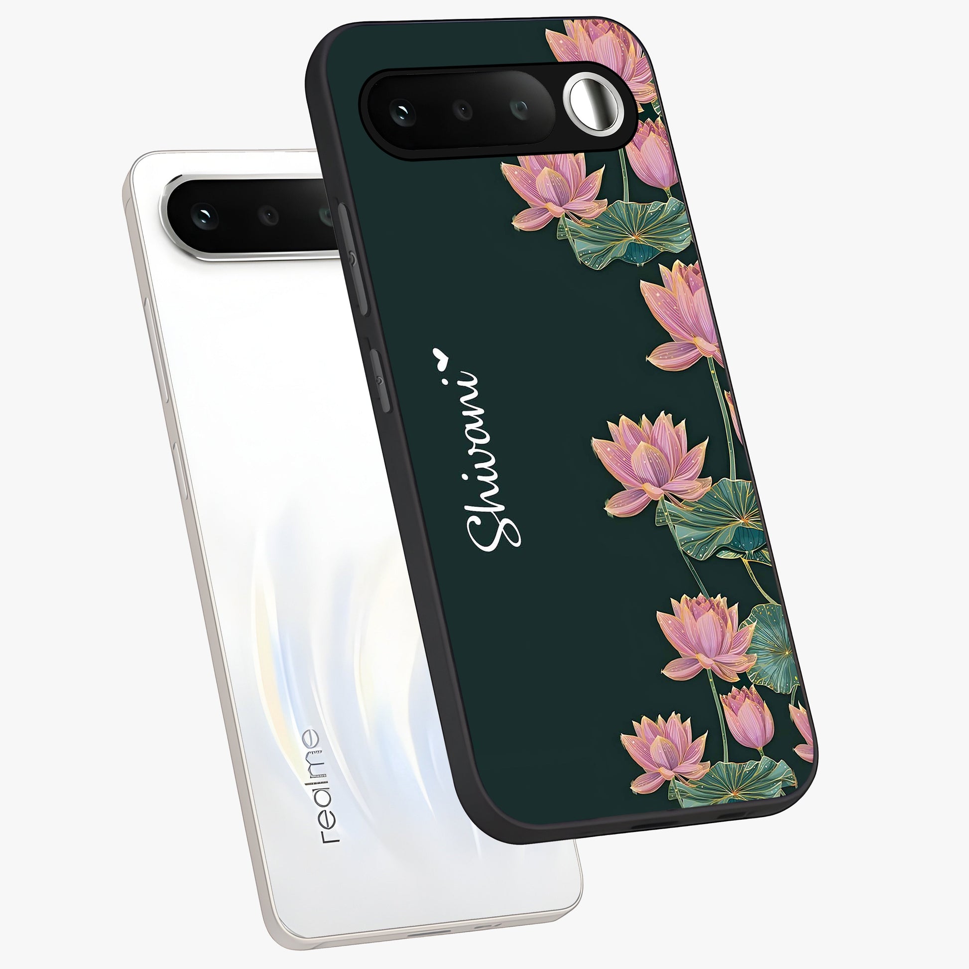 Lotus Bloom Serenity Custom Name Glass Case displayed in angled mockup highlighting graceful lotus illustration with custom name feature.